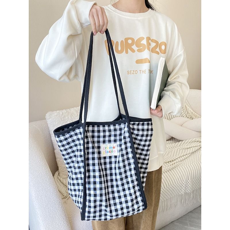 Women Simple Plaid Colorblock Large Capacity Shopping Tote Bag