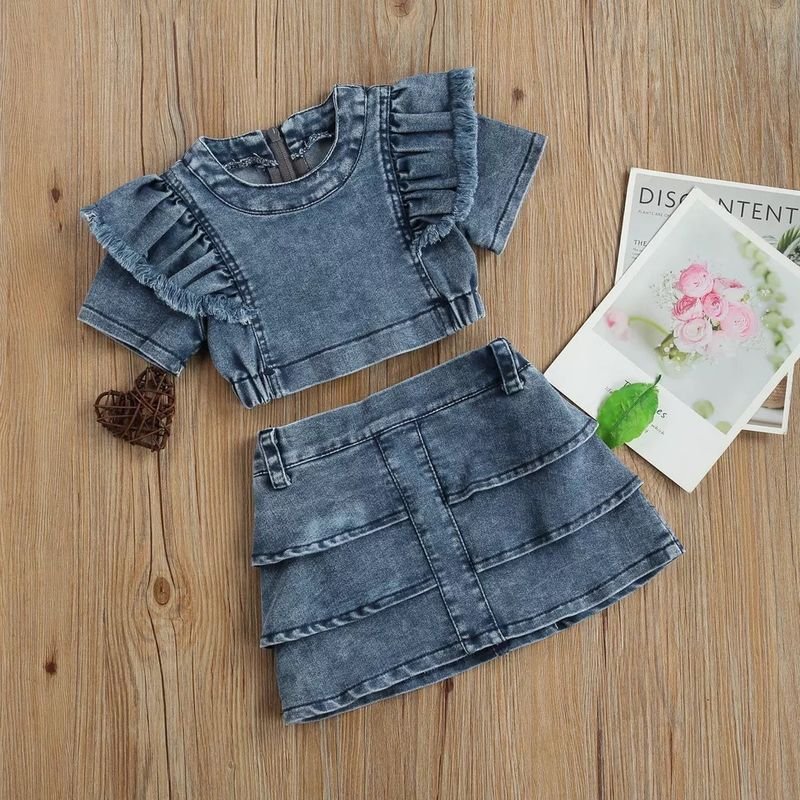 Kids Toddler Girls Fashion Casual Denim Short Sleeve Top Denim Skirt Set