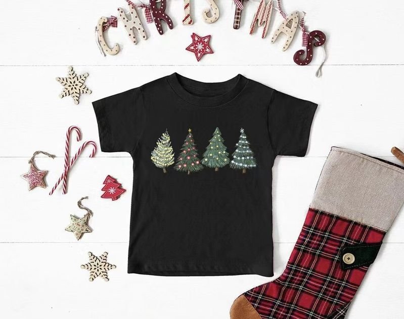 Cartoon Christmas Tree Print Round Neck Short Sleeve T-Shirt