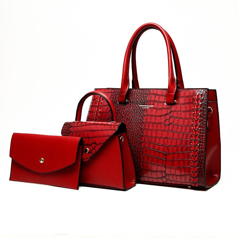 Women Fashion Solid Color Crocodile Print Large Capacity Handbags Set