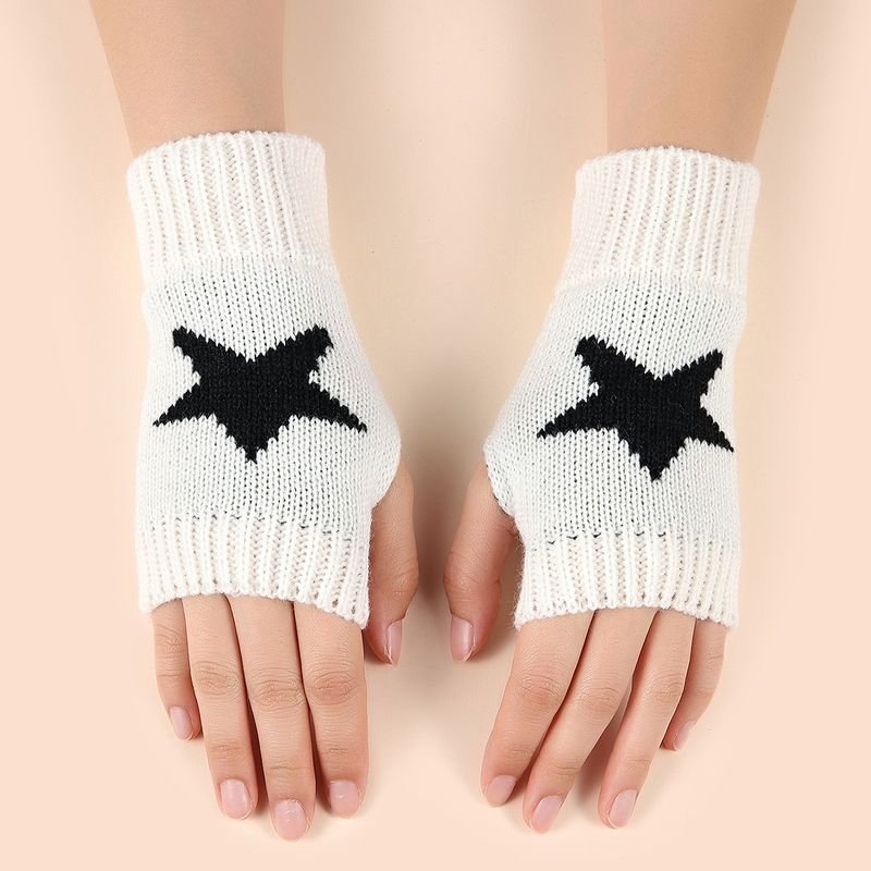 Autumn Winter Women Fashion Star Double-Layer Knitted Wool Half-Finger Gloves