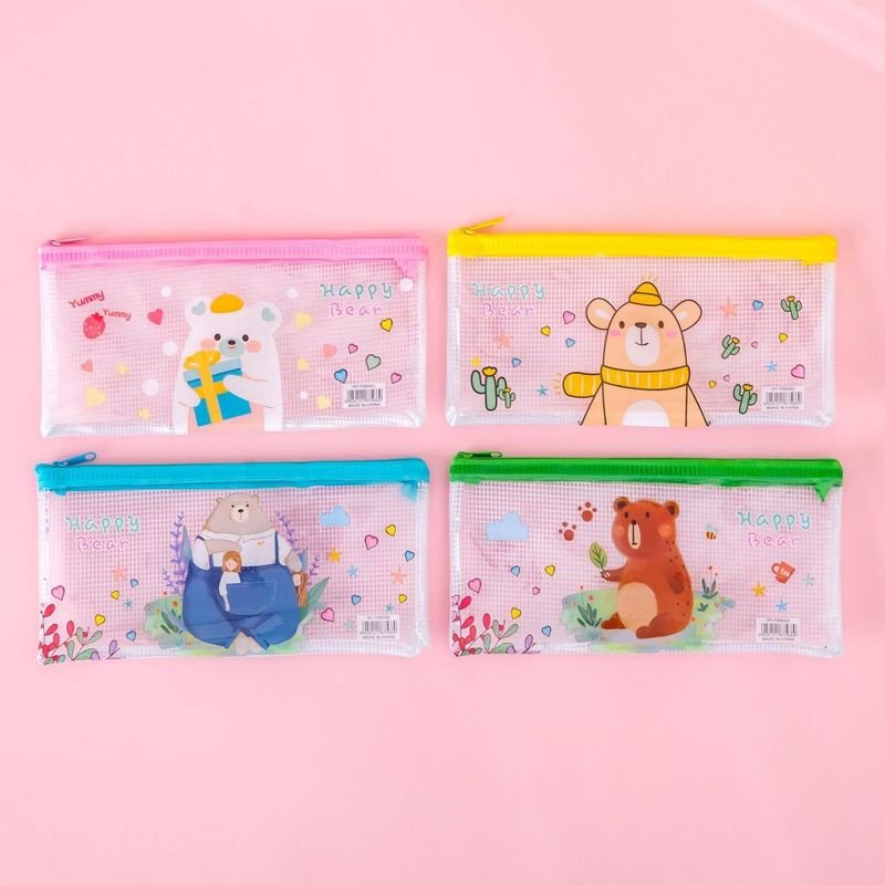 Simple Cartoon Large Capacity Transparent Mesh Zipper Pencil Bag