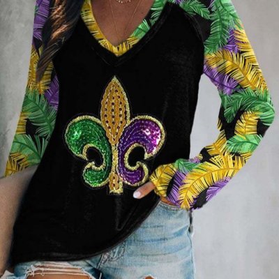 Mardi Gras Loose V-Neck Long-Sleeved T-Shirt