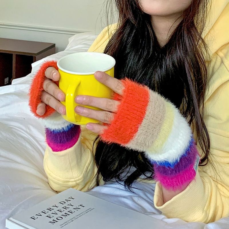 Autumn Winter Women Fashion Rainbow Warm Knitted Half Finger Gloves