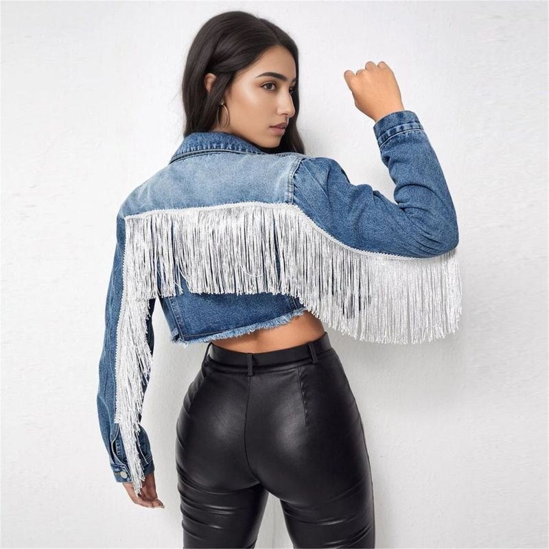 Women Fashion Tassel Long Sleeve Denim Coat