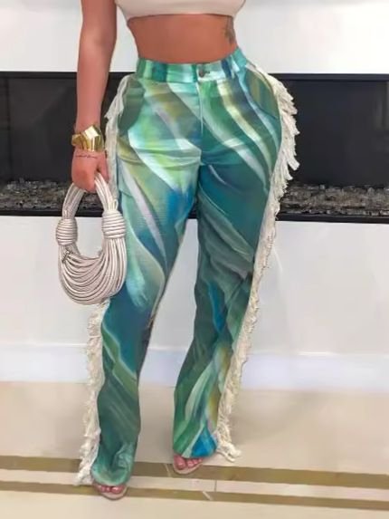 Women'S Fashion Printed Side Fringe Straight Leg Pants