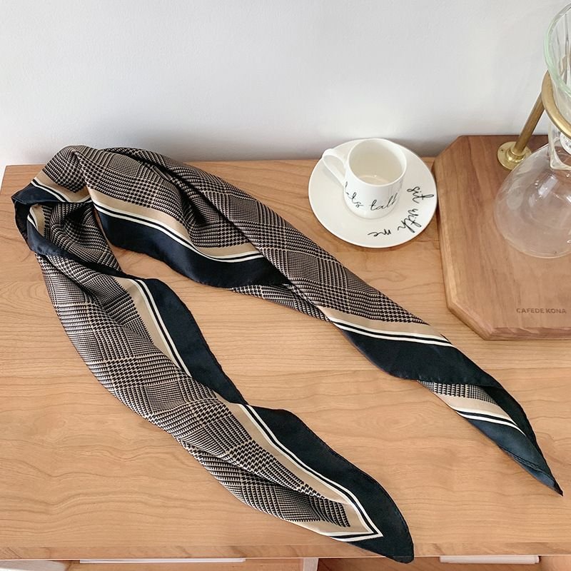 Women Simple Stripe Bow Dot Print Chiffon Square Silk Scarf