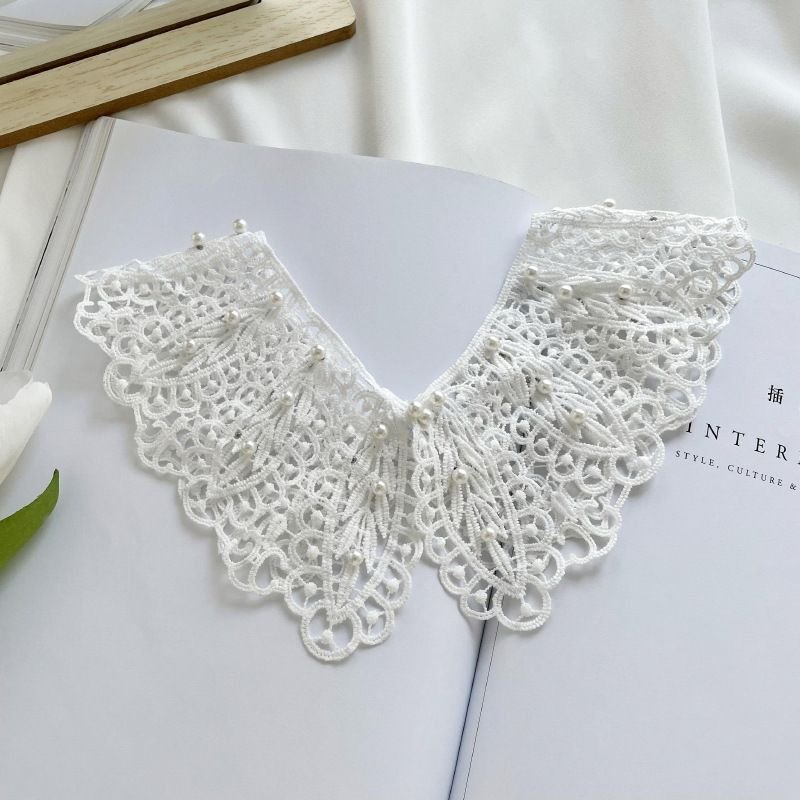 Women Fashion Pearl Lace Shawl Hollow Fake Collar