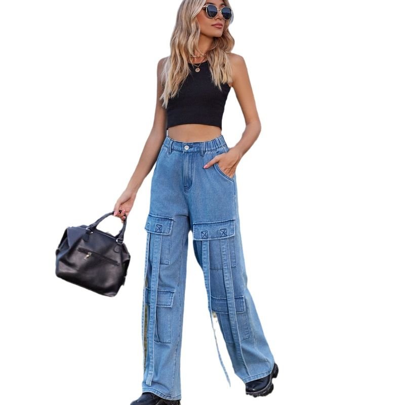 Women Fashion Retro Strap Design Multi-Pocket Cargo Jeans