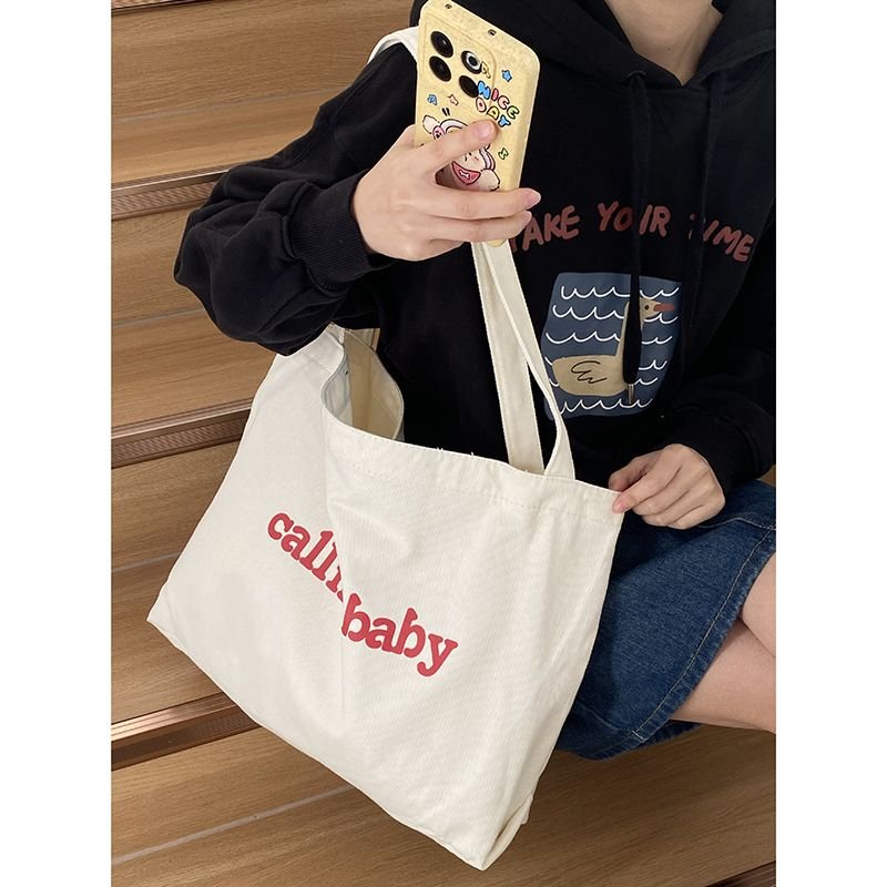 Women Simple Solid Color Letter Printing Large Capacity Canvas Shopping Bag