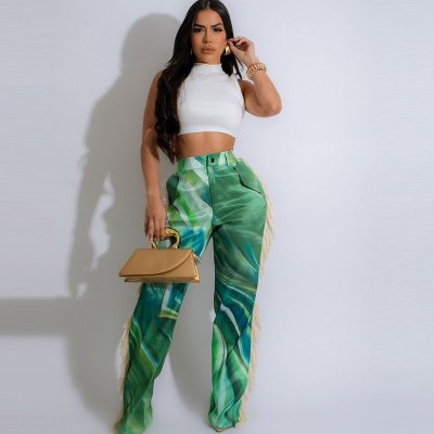 Women'S Fashion Printed Side Fringe Straight Leg Pants