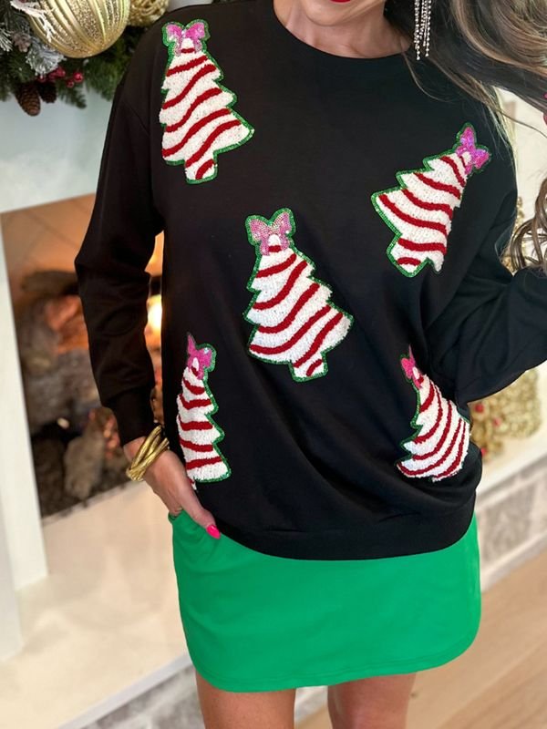 Women Fashion Christmas Tree Sequin Crewneck Long Sleeve Sweatshirt