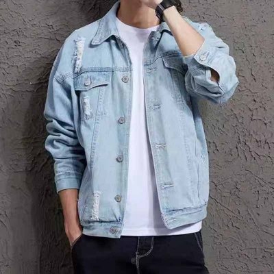 Men Fashion Casual Solid Color Ripped Long Sleeve Lapel Denim Jacket