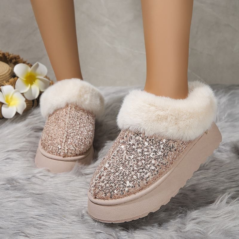 Autumn Winter Women Fashion Plus Size Plush Warm Sequins Thick-Soled Snow Boots