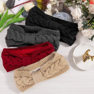 Autumn Winter Women Fashion Fleece-Lined Bow Warm Ear Protection Knitted Hair Band