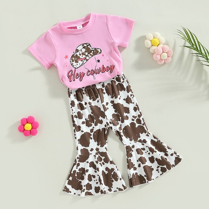 Kids Toddler Girls Casual Ethnic Style Alphabet Print Short Sleeve T-Shirt Flare Trousers Sets