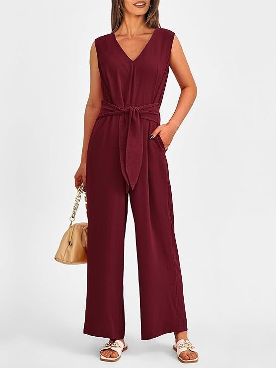 Summer Women Casual Solid Color V-Neck Sleeveless Lace-Up Wide Leg Jumpsuits