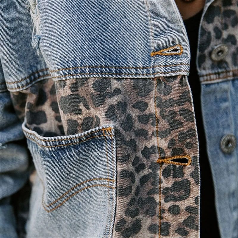 S-XL Women Autumn Casual Vintage Patchwork Leopard Loose Denim Jacket Top