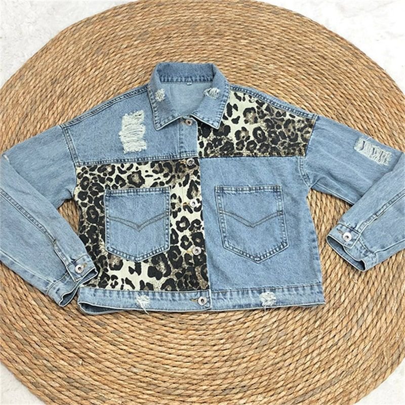 S-XL Women Autumn Casual Vintage Patchwork Leopard Loose Denim Jacket Top