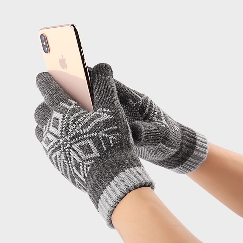 Autumn Winter Men Fashion Warm Fleece-Lined Thick Knitted Snowflake Gloves