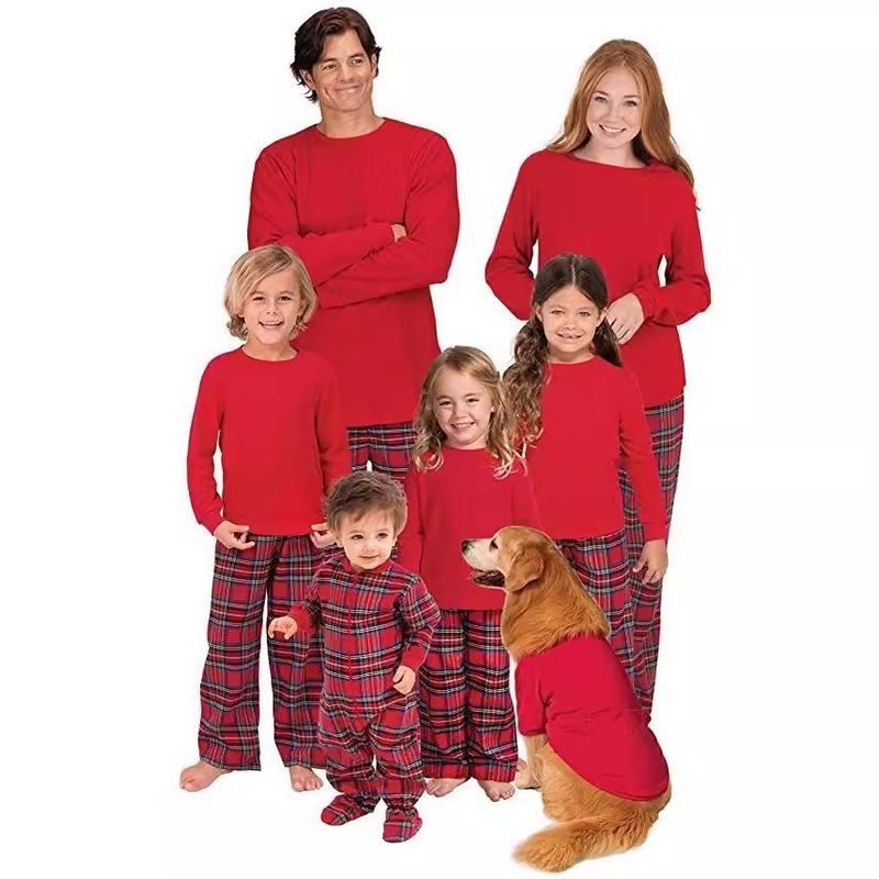 Simple Fashion Christmas Plaid Round Neck Long Sleeve Parent-Child Home Pajamas Set