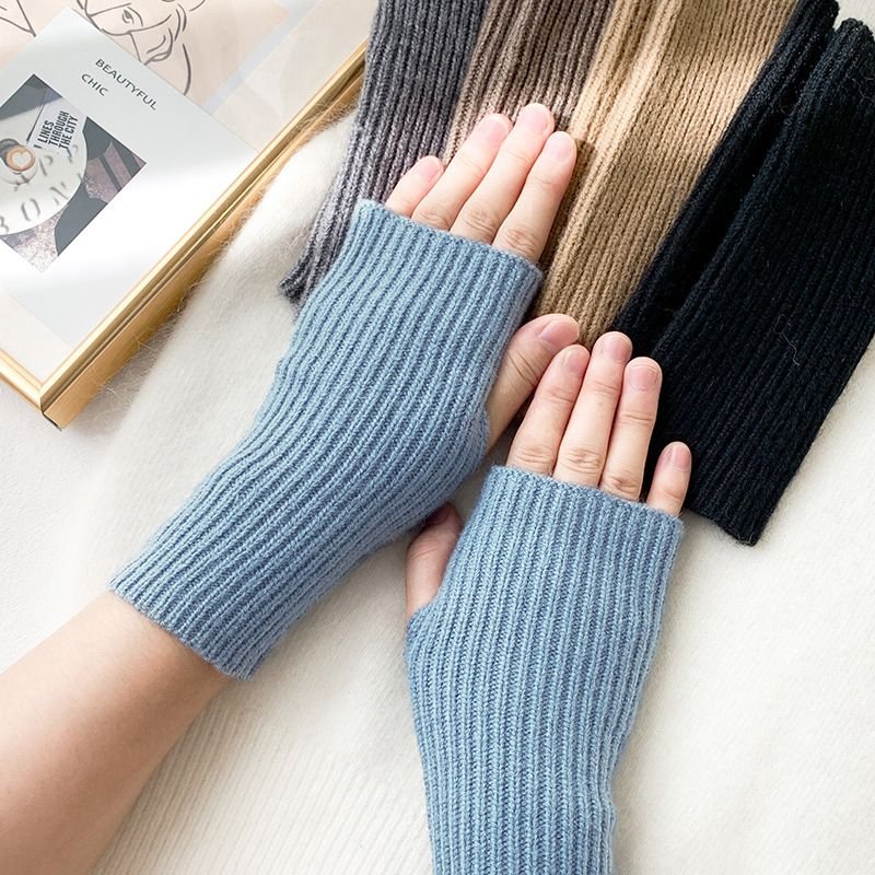 Autumn Winter Women Simple Solid Color Vertical Strip Knitted Wool Half-Finger Gloves