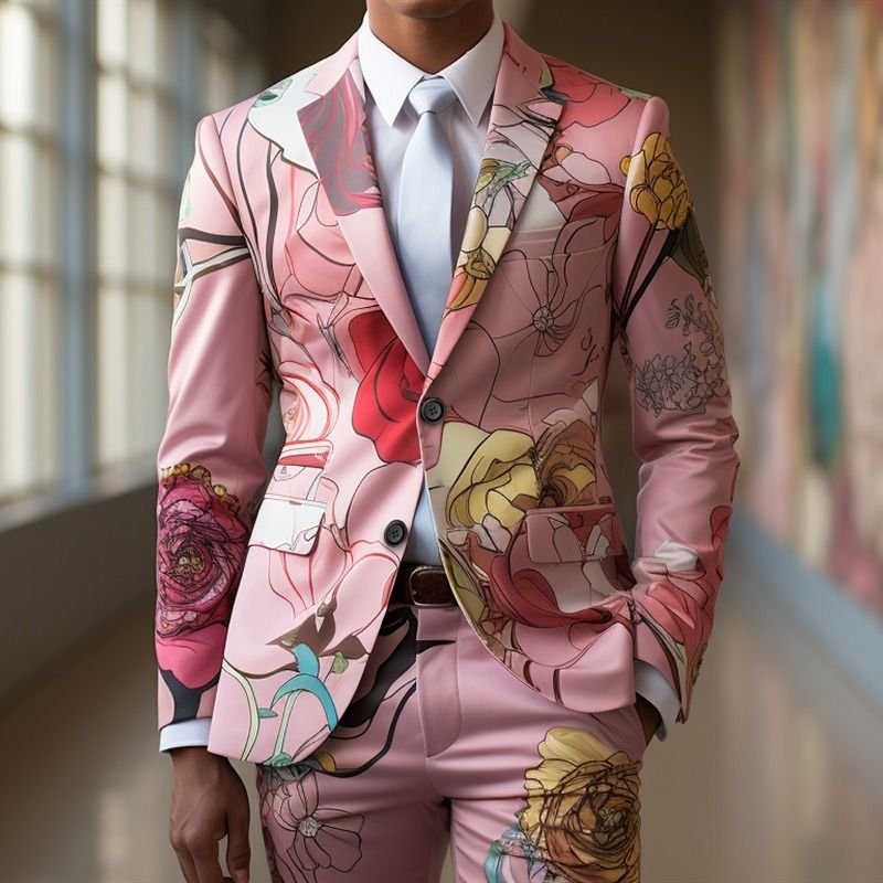 Men Fashion Casual Party 3D Tiger Floral Print Long Sleeve Lapel Suit Trousers Set