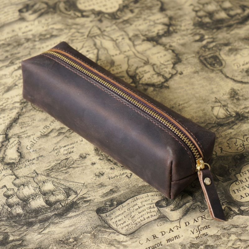 Simple First Layer Cowhide Zipper Pencil Case