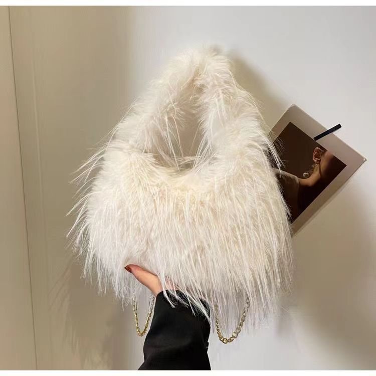 Autumn Winter Women Fashion Tassel Plush Chain Handle Shoulder Bag