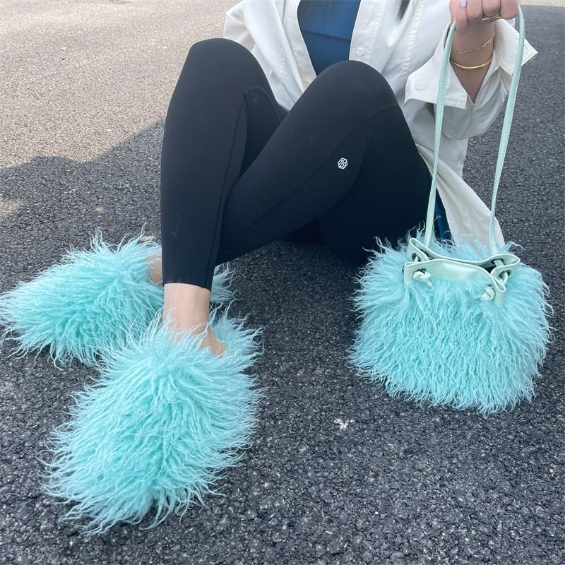 Plus Size Women Fashion Plush Solid Color Flat Slipper Shoulder Bag Set