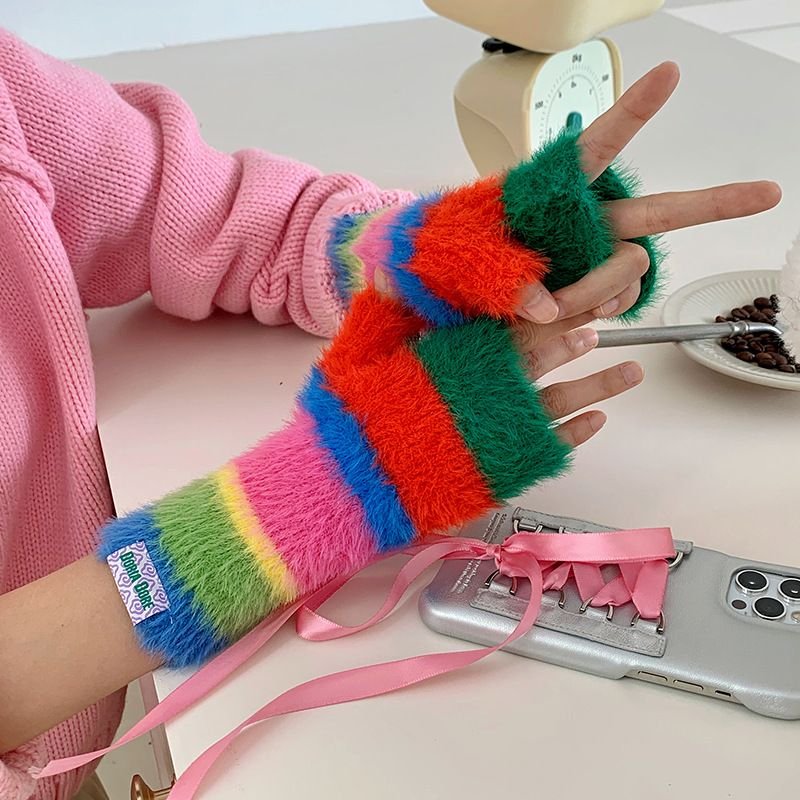 Autumn Winter Women Fashion Rainbow Warm Knitted Half Finger Gloves