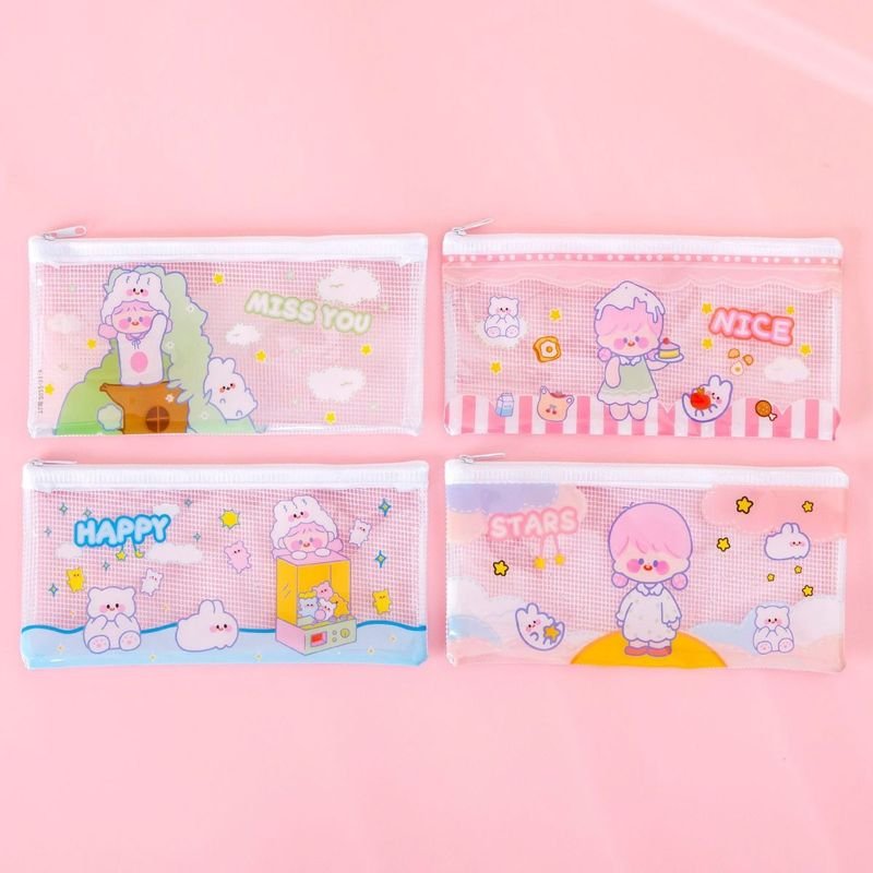 Simple Cartoon Large Capacity Transparent Mesh Zipper Pencil Bag