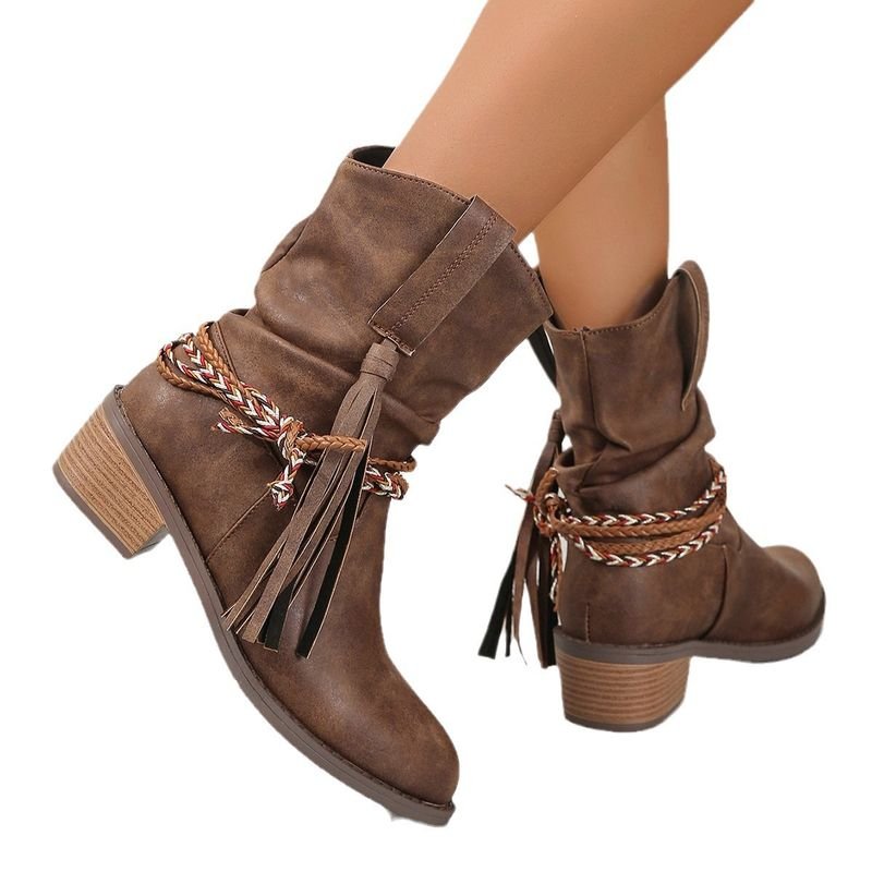 Autumn And Winter Women Fashion Plus Size Retro Tassel Round Toe Short Boots