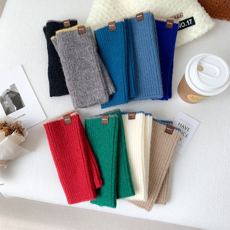 Autumn Winter Women Simple Solid Color Thickened Warm Half Finger Gloves