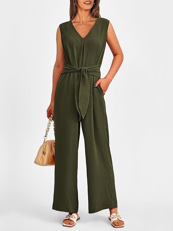 Summer Women Casual Solid Color V-Neck Sleeveless Lace-Up Wide Leg Jumpsuits