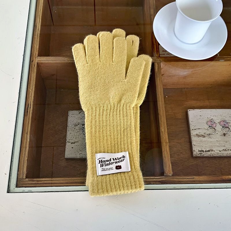 Autumn Winter Women Fashion Solid Color Thickened Warm Touch Screen Knitted Wool Gloves