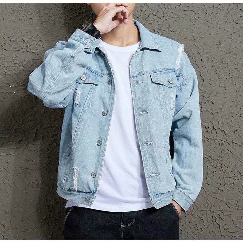 Men Fashion Casual Solid Color Ripped Long Sleeve Lapel Denim Jacket