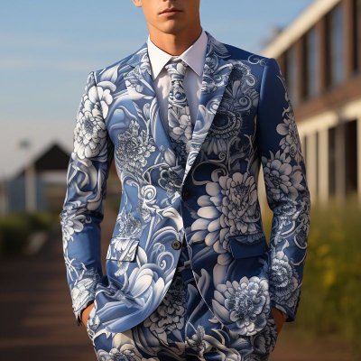 Men Fashion Casual Party Tiny Flower Long Sleeve Lapel Suit Trousers Set