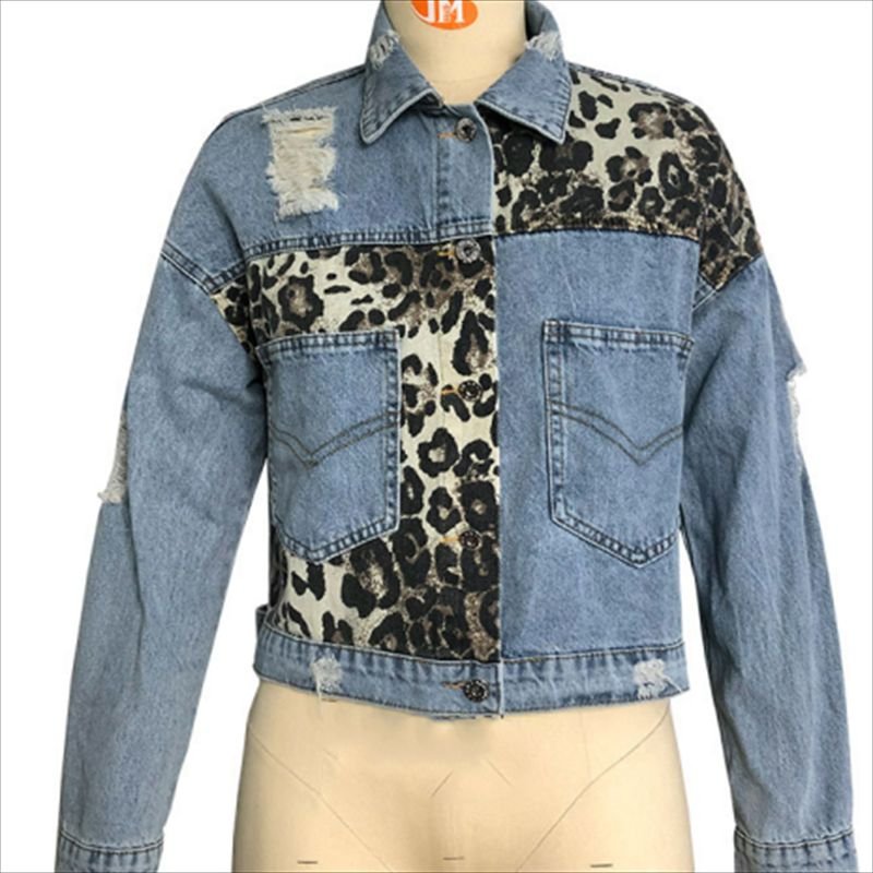 S-XL Women Autumn Casual Vintage Patchwork Leopard Loose Denim Jacket Top