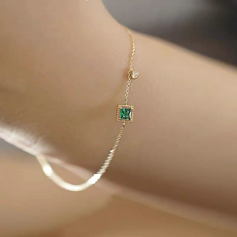 Women Fashion Simple Sterling Silver Emerald Zircon Bracelet