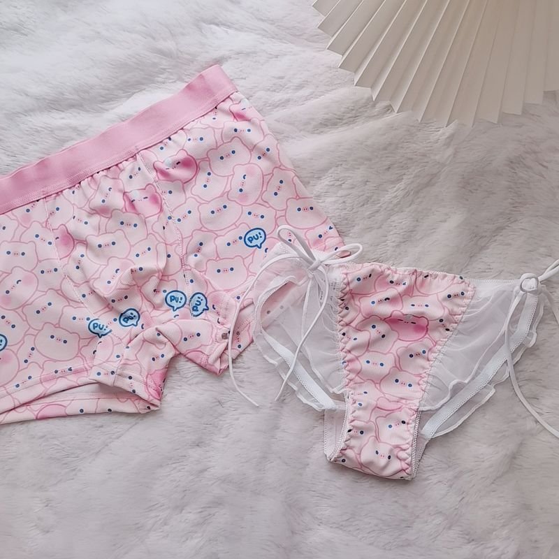 Sexy Cute Pink Pig Lace Mesh Couple Underwear