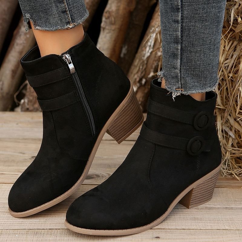 Autumn Winter Women Vintage Plus Size Belt Buckle Side Zipper Chunky Heel Short Boots