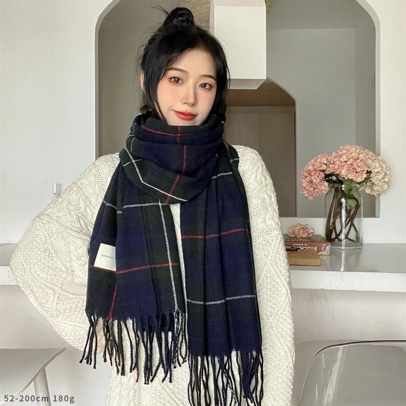 Autumn Winter Women Fashion Plaid Tassel Imitation Cashmere Warm Scarf