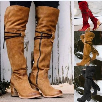 Autumn Winter Women Retro Warm Round Toe Chunky Heel High Boots