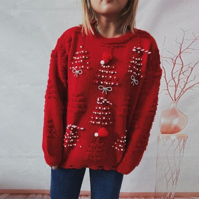 Autumn Winter Women Fashion Pearl Christmas Tree Decoration Round Neck Long Sleeve Knitted Sweater