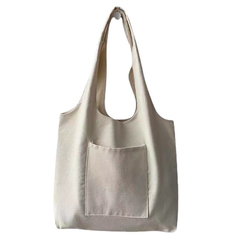 Women Simple Solid Color Pocket Large Capacity Canvas Shopping Tote Bag