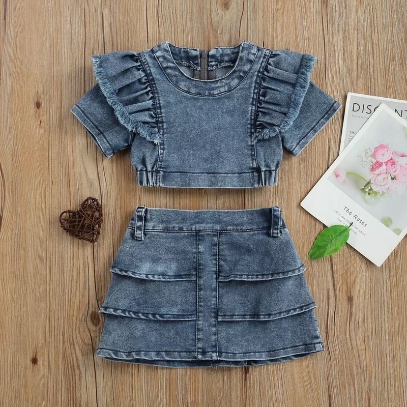 Kids Toddler Girls Fashion Casual Denim Short Sleeve Top Denim Skirt Set