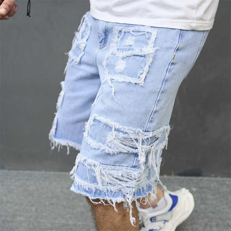 Men Fashion Casual Personality Solid Color Ripped Denim Shorts