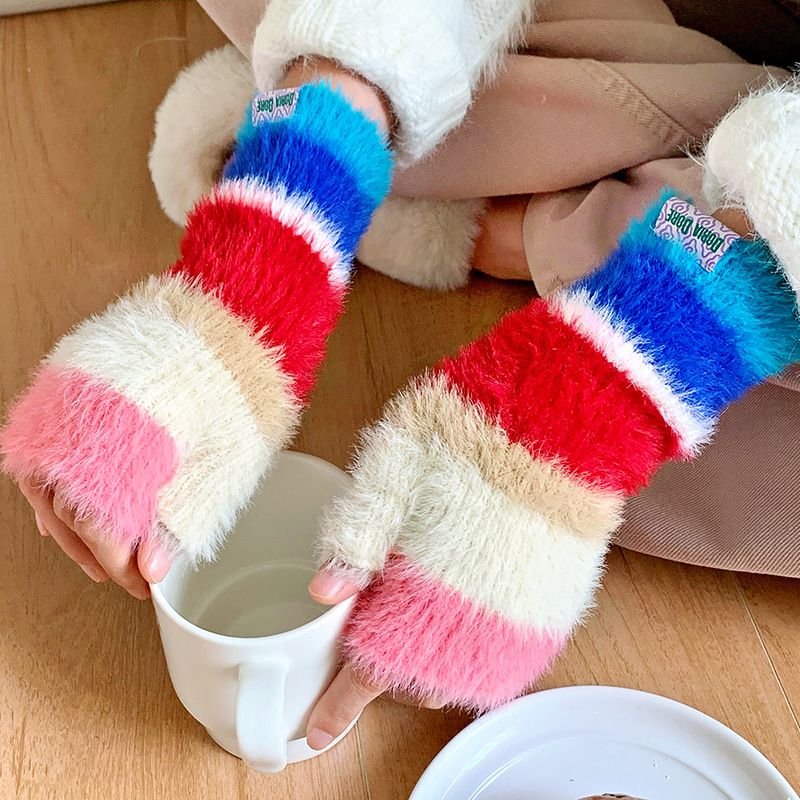 Autumn Winter Women Fashion Rainbow Warm Knitted Half Finger Gloves