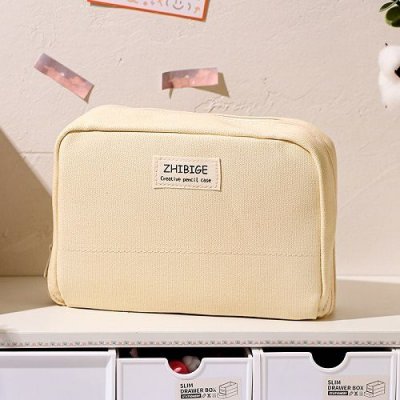 Simple Solid Color Large Capacity Student Stationery Canvas Pencil Bag